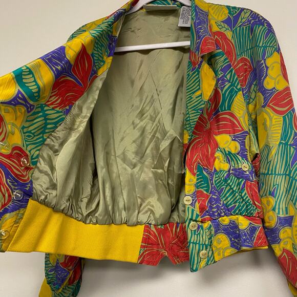 Vintage Pacific Silk Tropical Print V Neck Double Breast Crop Jacket - Picture 2 of 8